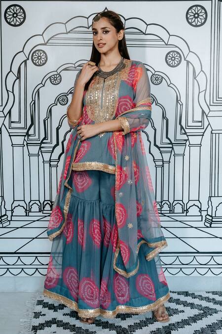 Shop_Gulabo Jaipur_Grey Georgette Embroidery, Gota Patti Round Aksar Zardozi Work Kurta Sharara Set_Online_at_Aza_Fashions