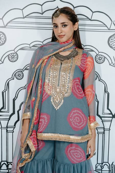 Gulabo Jaipur_Grey Georgette Embroidery, Gota Patti Round Aksar Zardozi Work Kurta Sharara Set_at_Aza_Fashions