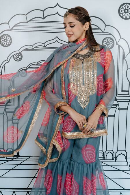 Buy_Gulabo Jaipur_Grey Georgette Embroidery, Gota Patti Round Aksar Zardozi Work Kurta Sharara Set