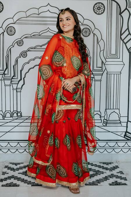 Gulabo Jaipur_Orange Georgette Gota Patti, Zari, Embroidery Round Aksar Zardozi Work Kurta Set_Online_at_Aza_Fashions