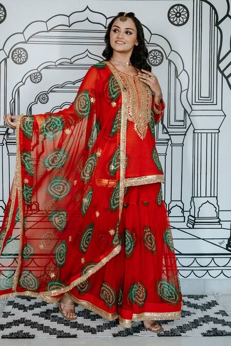 Buy_Gulabo Jaipur_Orange Georgette Gota Patti, Zari, Embroidery Round Aksar Zardozi Work Kurta Set_Online_at_Aza_Fashions