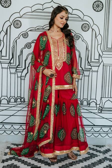 Gulabo Jaipur Pink Georgette Zari, Embroidery, Gota Patti Aksar Bandhani Pattern Kurta Set Online at Aza Fashions Gulabo Jaipur_Pink Georgette Zari, Embroidery, Gota Patti Aksar Bandhani Pattern Kurta Set_Online_at_Aza_Fashions