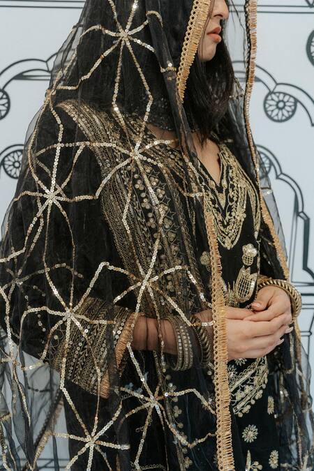 Gulabo Jaipur Black Cotton Sequins, Embroidery, Applique Split V-neck Marina Aari Kurta Set Online at Aza Fashions Gulabo Jaipur_Black Cotton Sequins, Embroidery, Applique Split V-neck Marina Aari Kurta Set _Online_at_Aza_Fashions