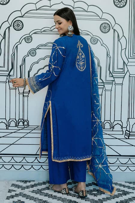 Shop_Gulabo Jaipur_Blue Cotton Sequins, Embroidery Split V-neck Marina Marodi Kurta Set _at_Aza_Fashions