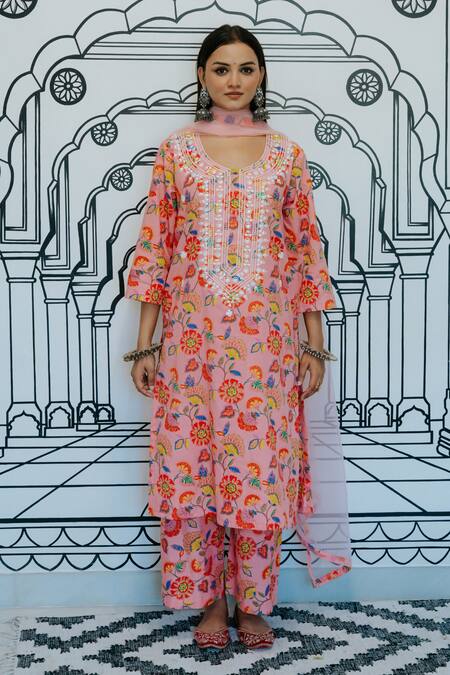 Shop_Gulabo Jaipur_Pink Cotton, Chiffon Embroidery, Mirrors Round Neck Naar Printed Kurta Set _at_Aza_Fashions