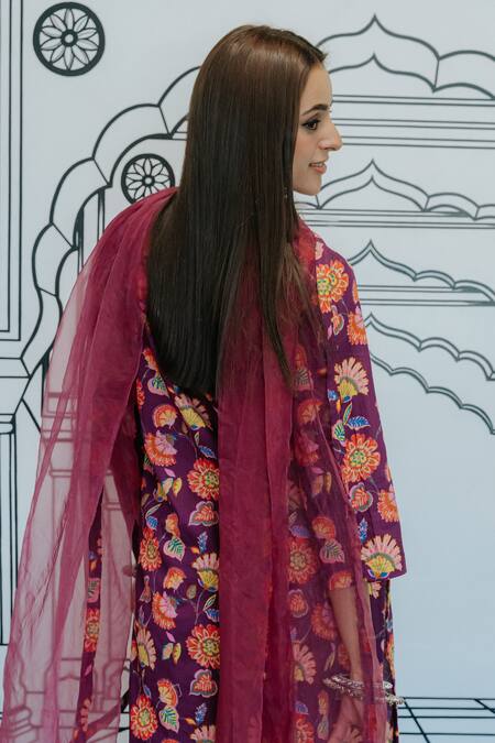 Shop Gulabo Jaipur Purple Cotton Embroidery, Mirrors Round Neck Naar Garden Print Kurta Set at Aza Fashions Shop_Gulabo Jaipur_Purple Cotton Embroidery, Mirrors Round Neck Naar Garden Print Kurta Set_at_Aza_Fashions