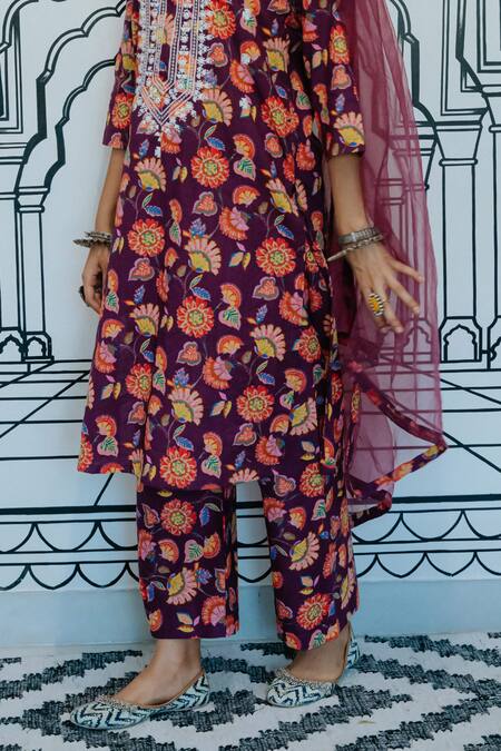 Gulabo Jaipur Purple Cotton Embroidery, Mirrors Round Neck Naar Garden Print Kurta Set Online at Aza Fashions Gulabo Jaipur_Purple Cotton Embroidery, Mirrors Round Neck Naar Garden Print Kurta Set_Online_at_Aza_Fashions