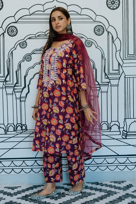 Buy Gulabo Jaipur Purple Cotton Embroidery, Mirrors Round Neck Naar Garden Print Kurta Set Online at Aza Fashions Buy_Gulabo Jaipur_Purple Cotton Embroidery, Mirrors Round Neck Naar Garden Print Kurta Set_Online_at_Aza_Fashions