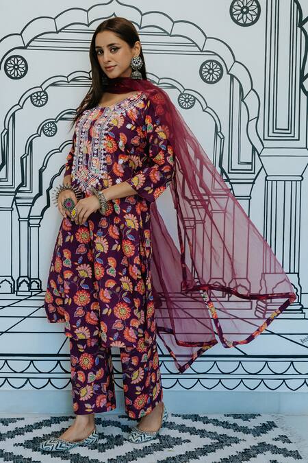 Shop Gulabo Jaipur Purple Cotton Embroidery, Mirrors Round Neck Naar Garden Print Kurta Set Online at Aza Fashions Shop_Gulabo Jaipur_Purple Cotton Embroidery, Mirrors Round Neck Naar Garden Print Kurta Set_Online_at_Aza_Fashions