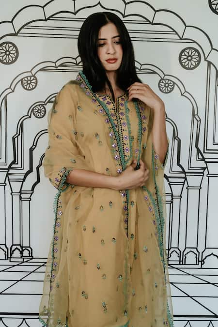 Shop Gulabo Jaipur Beige Cotton Embroidery, Mirrors Split V-neck Niha Floral Kurta Set Online at Aza Fashions Shop_Gulabo Jaipur_Beige Cotton Embroidery, Mirrors Split V-neck Niha Floral Kurta Set _Online_at_Aza_Fashions