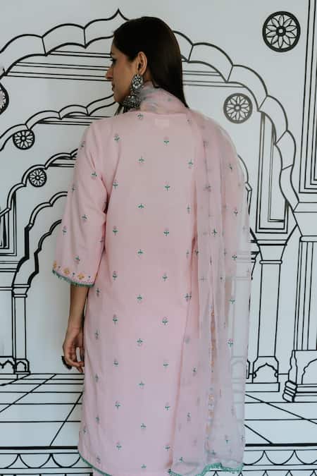Shop Gulabo Jaipur Pink Cotton Embroidery, Mirrors Split V-neck Niha Kurta Set at Aza Fashions Shop_Gulabo Jaipur_Pink Cotton Embroidery, Mirrors Split V-neck Niha Kurta Set _at_Aza_Fashions