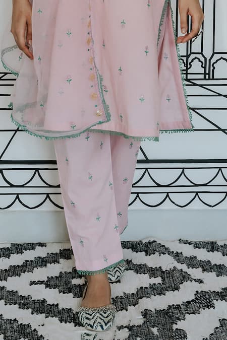 Buy Gulabo Jaipur Pink Cotton Embroidery, Mirrors Split V-neck Niha Kurta Set Online at Aza Fashions Buy_Gulabo Jaipur_Pink Cotton Embroidery, Mirrors Split V-neck Niha Kurta Set _Online_at_Aza_Fashions