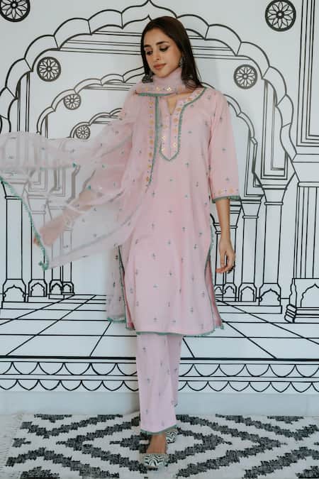 Shop Gulabo Jaipur Pink Cotton Embroidery, Mirrors Split V-neck Niha Kurta Set Online at Aza Fashions Shop_Gulabo Jaipur_Pink Cotton Embroidery, Mirrors Split V-neck Niha Kurta Set _Online_at_Aza_Fashions