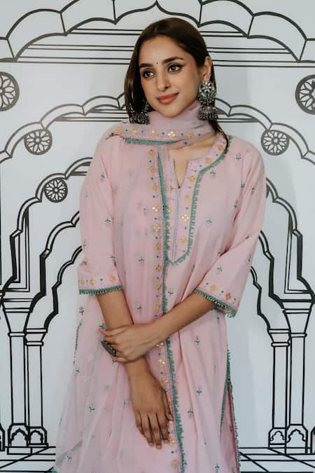 Buy Gulabo Jaipur Pink Cotton Embroidery, Mirrors Split V-neck Niha Kurta Set Buy_Gulabo Jaipur_Pink Cotton Embroidery, Mirrors Split V-neck Niha Kurta Set