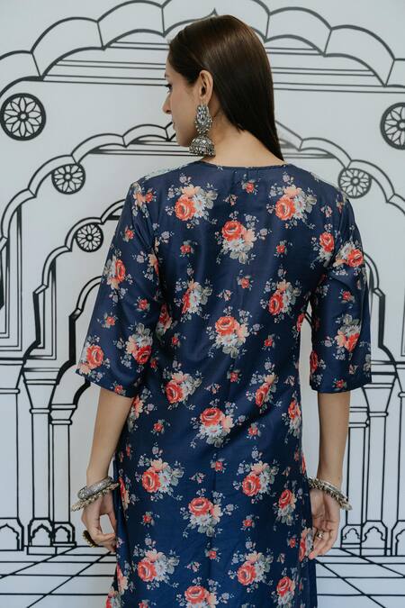 Shop Gulabo Jaipur Blue Muslin Embroidery Split V-neck Reet Floral Print Kurta With Pant at Aza Fashions Shop_Gulabo Jaipur_Blue Muslin Embroidery Split V-neck Reet Floral Print Kurta With Pant_at_Aza_Fashions
