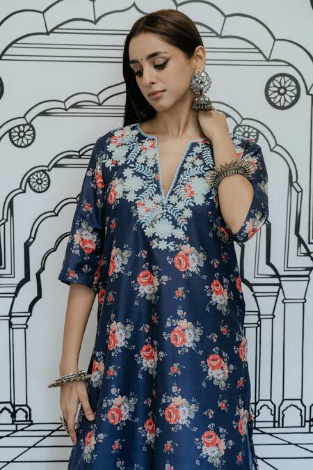 Shop Gulabo Jaipur Blue Muslin Embroidery Split V-neck Reet Floral Print Kurta With Pant Online at Aza Fashions Shop_Gulabo Jaipur_Blue Muslin Embroidery Split V-neck Reet Floral Print Kurta With Pant_Online_at_Aza_Fashions
