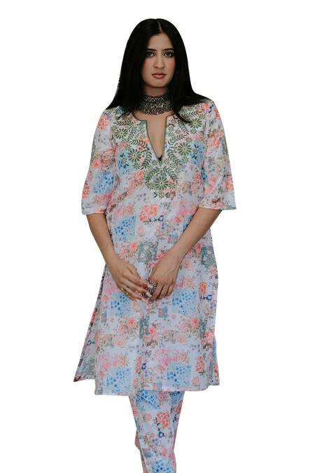 Shop_Gulabo Jaipur_White Muslin Embroidery Split V-neck Reet Floral Collage Print Kurta With Pant_Online_at_Aza_Fashions