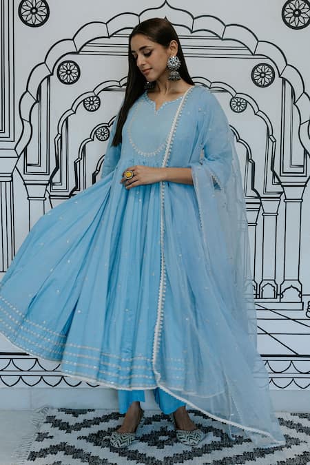 Gulabo Jaipur Blue Cotton Sequins, Lace, Embroidery Rohee Threadwork Butti Anarkali Pant Set Online at Aza Fashions Gulabo Jaipur_Blue Cotton Sequins, Lace, Embroidery Rohee Threadwork Butti Anarkali Pant Set _Online_at_Aza_Fashions