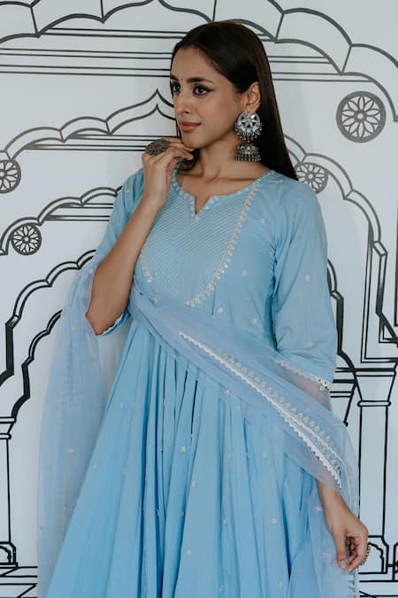 Gulabo Jaipur Blue Cotton Sequins, Lace, Embroidery Rohee Threadwork Butti Anarkali Pant Set at Aza Fashions Gulabo Jaipur_Blue Cotton Sequins, Lace, Embroidery Rohee Threadwork Butti Anarkali Pant Set _at_Aza_Fashions