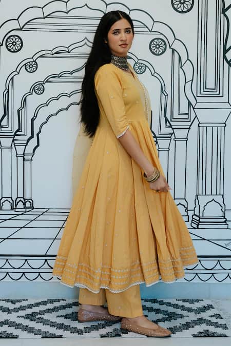 Shop_Gulabo Jaipur_Yellow Cotton Embroidery, Sequins Split Rohee Butti Threadwork Anarkali Pant Set _at_Aza_Fashions