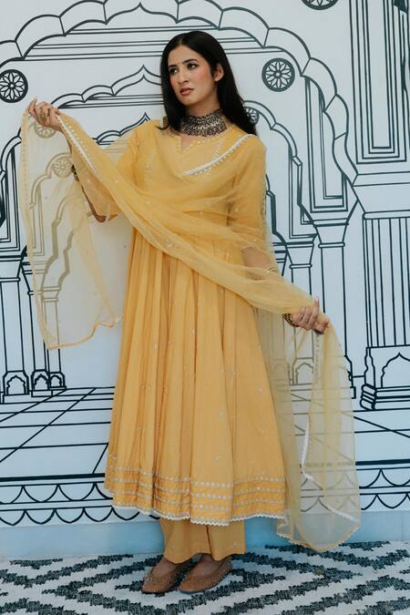 Gulabo Jaipur_Yellow Cotton Embroidery, Sequins Split Rohee Butti Threadwork Anarkali Pant Set _Online_at_Aza_Fashions