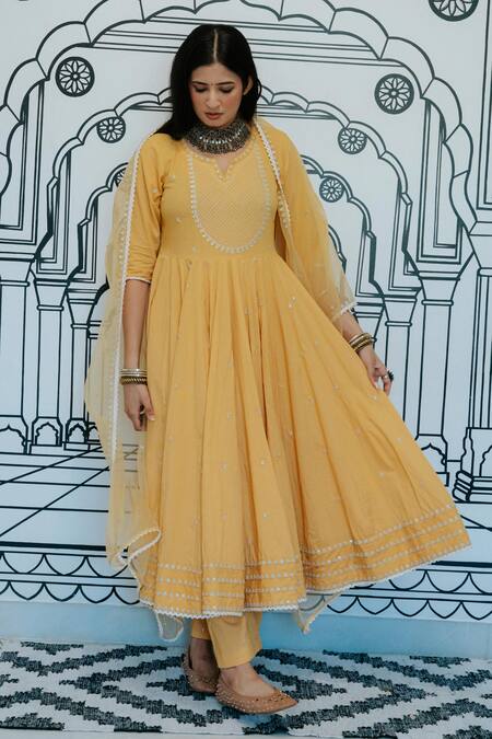 Shop_Gulabo Jaipur_Yellow Cotton Embroidery, Sequins Split Rohee Butti Threadwork Anarkali Pant Set _Online_at_Aza_Fashions