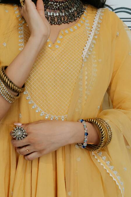 Gulabo Jaipur_Yellow Cotton Embroidery, Sequins Split Rohee Butti Threadwork Anarkali Pant Set _at_Aza_Fashions