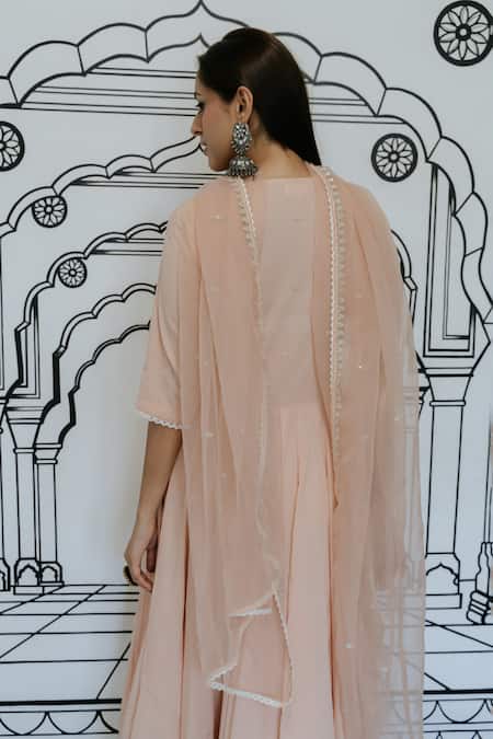 Shop_Gulabo Jaipur_Peach Cotton Lace, Sequins, Rohee Floral Butti Threadwork Anarkali Pant Set _at_Aza_Fashions