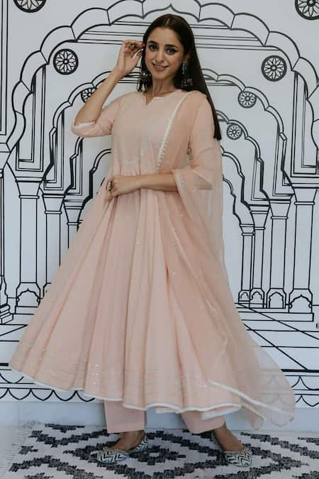 Gulabo Jaipur_Peach Cotton Lace, Sequins, Rohee Floral Butti Threadwork Anarkali Pant Set _Online_at_Aza_Fashions