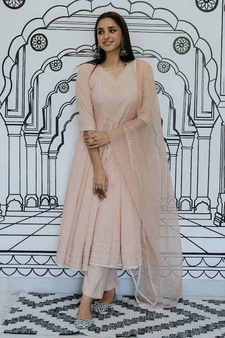 Buy_Gulabo Jaipur_Peach Cotton Lace, Sequins, Rohee Floral Butti Threadwork Anarkali Pant Set _Online_at_Aza_Fashions