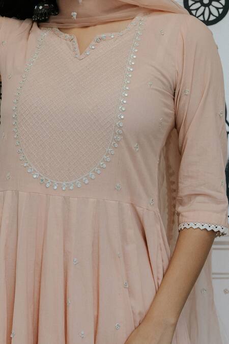Gulabo Jaipur_Peach Cotton Lace, Sequins, Rohee Floral Butti Threadwork Anarkali Pant Set _at_Aza_Fashions
