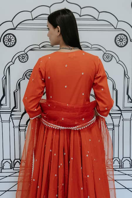 Shop Gulabo Jaipur Red Cotton, Chiffon Sequins, Lace Rohee Floral Threadwork Anarkali Pant Set at Aza Fashions Shop_Gulabo Jaipur_Red Cotton, Chiffon Sequins, Lace Rohee Floral Threadwork Anarkali Pant Set _at_Aza_Fashions