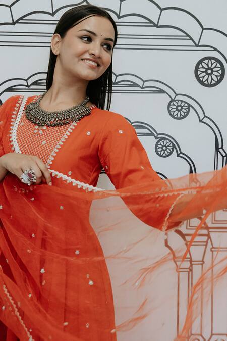 Shop Gulabo Jaipur Red Cotton, Chiffon Sequins, Lace Rohee Floral Threadwork Anarkali Pant Set Online at Aza Fashions Shop_Gulabo Jaipur_Red Cotton, Chiffon Sequins, Lace Rohee Floral Threadwork Anarkali Pant Set _Online_at_Aza_Fashions