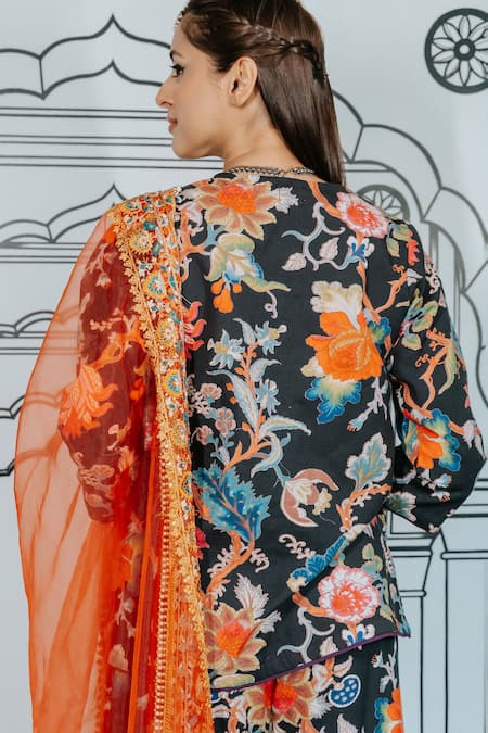 Shop Gulabo Jaipur Black Cotton, Chiffon Embroidery Ruksa Floral Vine Print Kurta Sharara Set at Aza Fashions Shop_Gulabo Jaipur_Black Cotton, Chiffon Embroidery Ruksa Floral Vine Print Kurta Sharara Set _at_Aza_Fashions