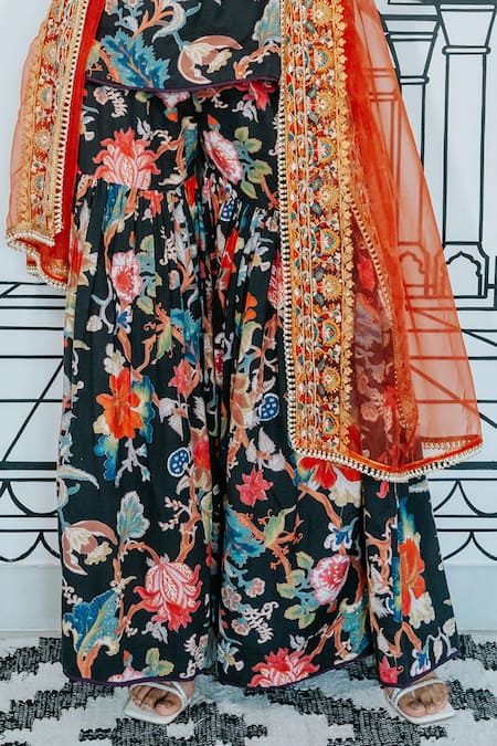 Gulabo Jaipur Black Cotton, Chiffon Embroidery Ruksa Floral Vine Print Kurta Sharara Set Online at Aza Fashions Gulabo Jaipur_Black Cotton, Chiffon Embroidery Ruksa Floral Vine Print Kurta Sharara Set _Online_at_Aza_Fashions
