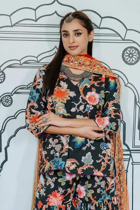 Buy Gulabo Jaipur Black Cotton, Chiffon Embroidery Ruksa Floral Vine Print Kurta Sharara Set Online at Aza Fashions Buy_Gulabo Jaipur_Black Cotton, Chiffon Embroidery Ruksa Floral Vine Print Kurta Sharara Set _Online_at_Aza_Fashions