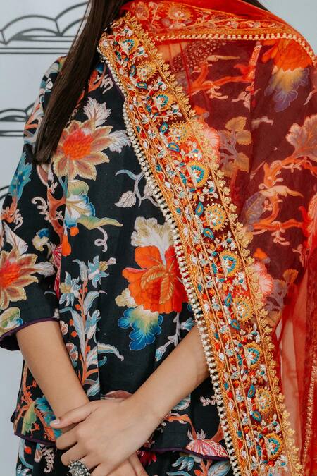 Shop Gulabo Jaipur Black Cotton, Chiffon Embroidery Ruksa Floral Vine Print Kurta Sharara Set Online at Aza Fashions Shop_Gulabo Jaipur_Black Cotton, Chiffon Embroidery Ruksa Floral Vine Print Kurta Sharara Set _Online_at_Aza_Fashions