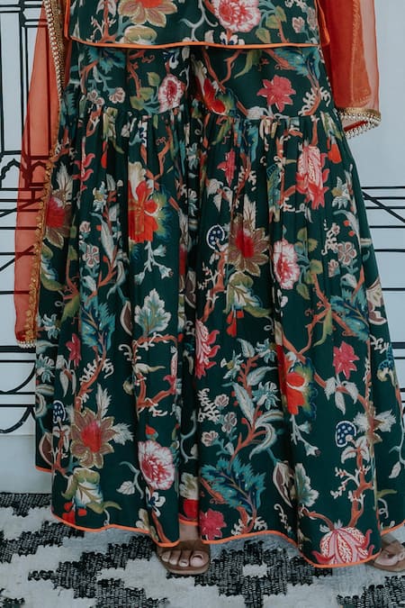 Buy_Gulabo Jaipur_Green Cotton Embroidery V-neck Ruksa Vine Print Kurta Sharara Set _Online_at_Aza_Fashions