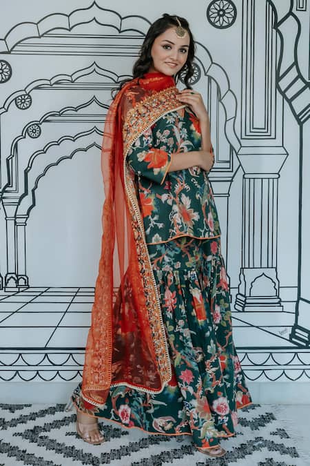 Shop_Gulabo Jaipur_Green Cotton Embroidery V-neck Ruksa Vine Print Kurta Sharara Set _Online_at_Aza_Fashions