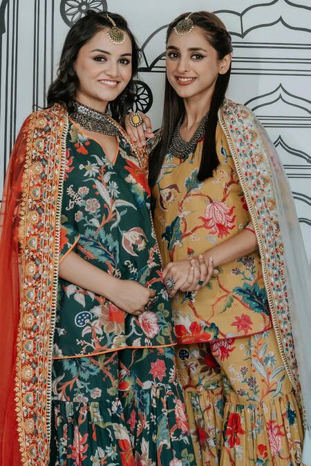 Buy_Gulabo Jaipur_Green Cotton Embroidery V-neck Ruksa Vine Print Kurta Sharara Set 