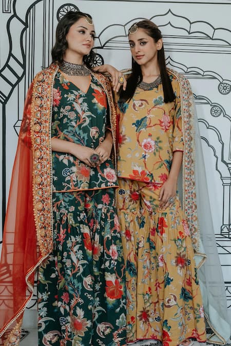 Shop_Gulabo Jaipur_Green Cotton Embroidery V-neck Ruksa Vine Print Kurta Sharara Set 