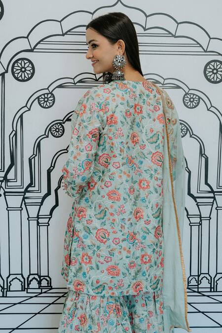 Shop Gulabo Jaipur Green Silk Beads, Sequins, Embroidery Ruqaiya Floral Print Kurta Sharara Set at Aza Fashions Shop_Gulabo Jaipur_Green Silk Beads, Sequins, Embroidery Ruqaiya Floral Print Kurta Sharara Set_at_Aza_Fashions
