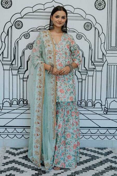 Gulabo Jaipur Green Silk Beads, Sequins, Embroidery Ruqaiya Floral Print Kurta Sharara Set Online at Aza Fashions Gulabo Jaipur_Green Silk Beads, Sequins, Embroidery Ruqaiya Floral Print Kurta Sharara Set_Online_at_Aza_Fashions