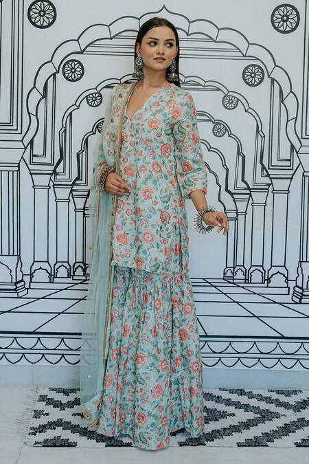 Shop Gulabo Jaipur Green Silk Beads, Sequins, Embroidery Ruqaiya Floral Print Kurta Sharara Set Online at Aza Fashions Shop_Gulabo Jaipur_Green Silk Beads, Sequins, Embroidery Ruqaiya Floral Print Kurta Sharara Set_Online_at_Aza_Fashions