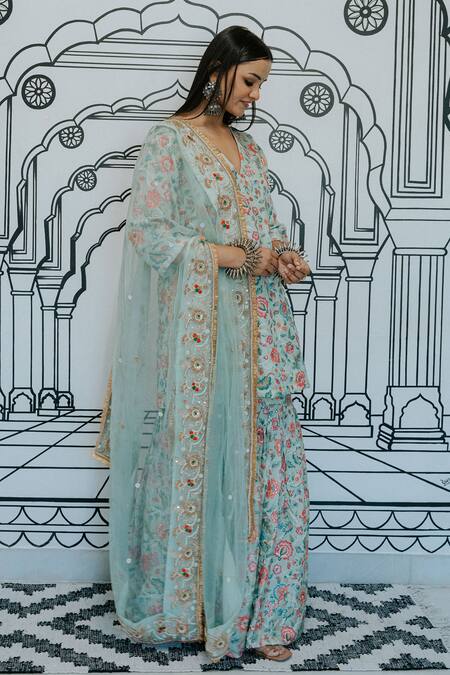 Gulabo Jaipur Green Silk Beads, Sequins, Embroidery Ruqaiya Floral Print Kurta Sharara Set at Aza Fashions Gulabo Jaipur_Green Silk Beads, Sequins, Embroidery Ruqaiya Floral Print Kurta Sharara Set_at_Aza_Fashions