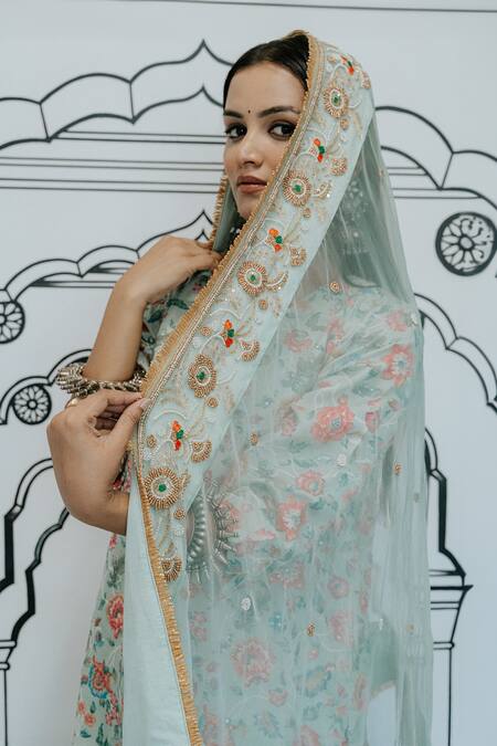 Buy Gulabo Jaipur Green Silk Beads, Sequins, Embroidery Ruqaiya Floral Print Kurta Sharara Set Buy_Gulabo Jaipur_Green Silk Beads, Sequins, Embroidery Ruqaiya Floral Print Kurta Sharara Set