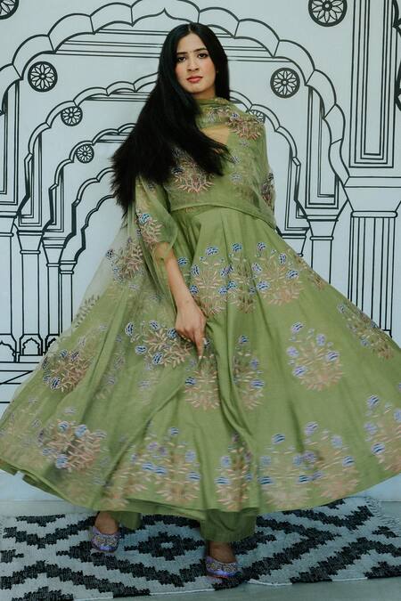Gulabo Jaipur_Green Cotton, Organza Embroidery Wafa Mughal Floral Threadwork Anarkali Pant Set _at_Aza_Fashions