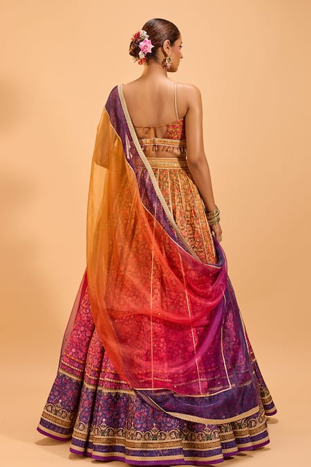 Shop Cedar & Pine Yellow Brocade, Organza Lace V-neck Ombre Lehenga Set at Aza Fashions Shop_Cedar & Pine_Yellow Brocade, Organza Lace V-neck Ombre Lehenga Set _at_Aza_Fashions