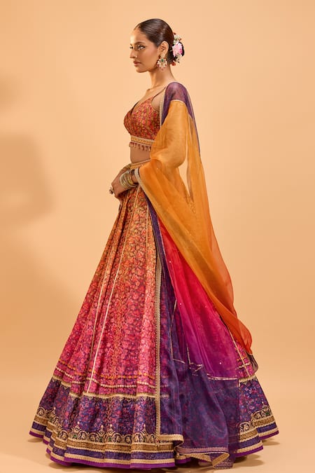 Buy Cedar & Pine Yellow Brocade, Organza Lace V-neck Ombre Lehenga Set Online at Aza Fashions Buy_Cedar & Pine_Yellow Brocade, Organza Lace V-neck Ombre Lehenga Set _Online_at_Aza_Fashions