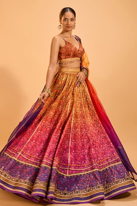 Shop Cedar & Pine Yellow Brocade, Organza Lace V-neck Ombre Lehenga Set Online at Aza Fashions Shop_Cedar & Pine_Yellow Brocade, Organza Lace V-neck Ombre Lehenga Set _Online_at_Aza_Fashions